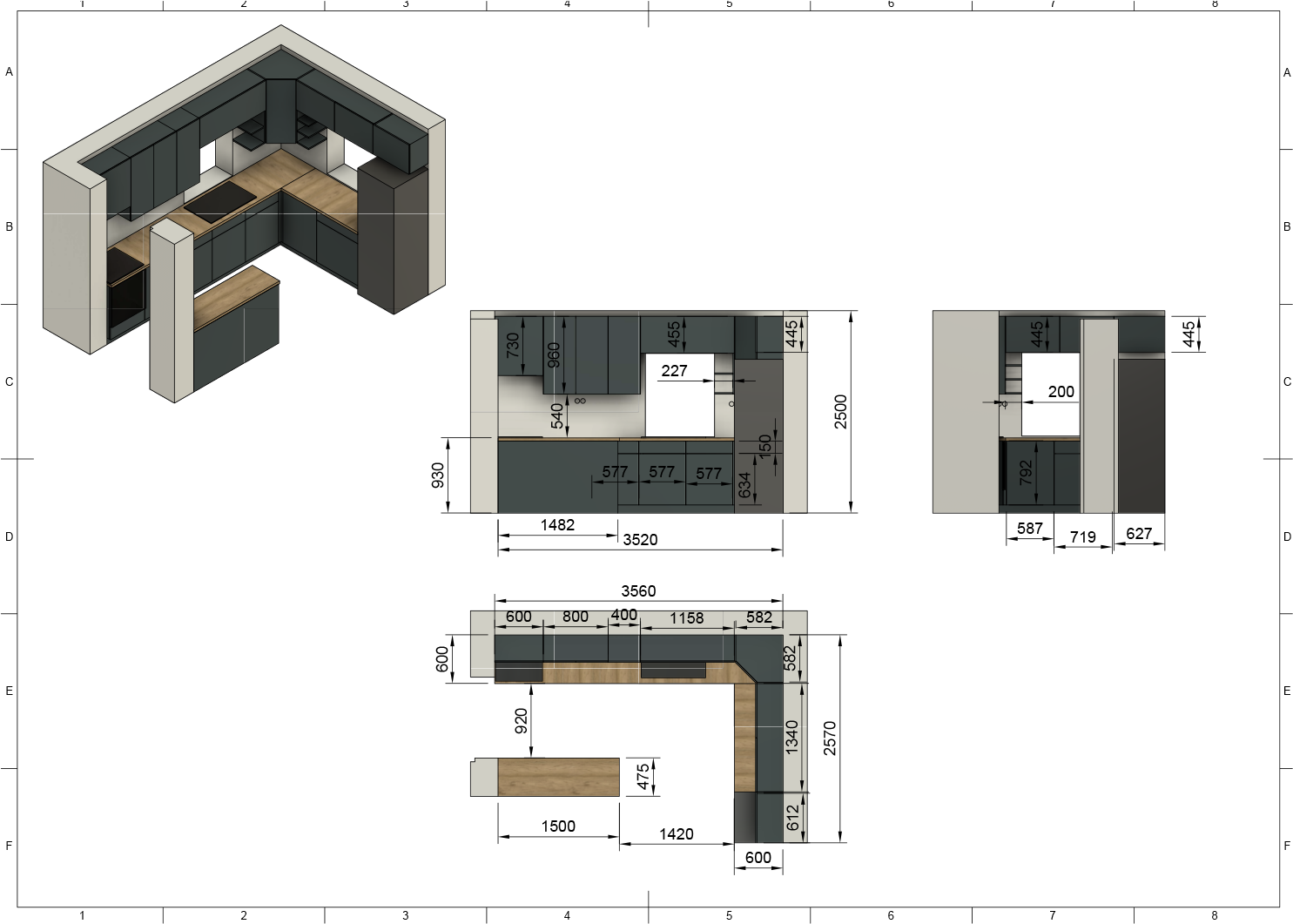 L alakú antracit konyhabútor – 3D látványterv méretekkel