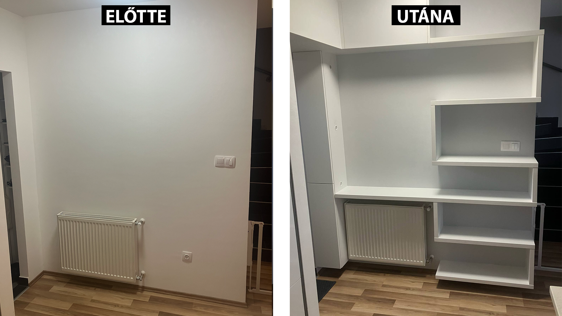 Beépített polcrendszer és munkapult – előtte / utána
