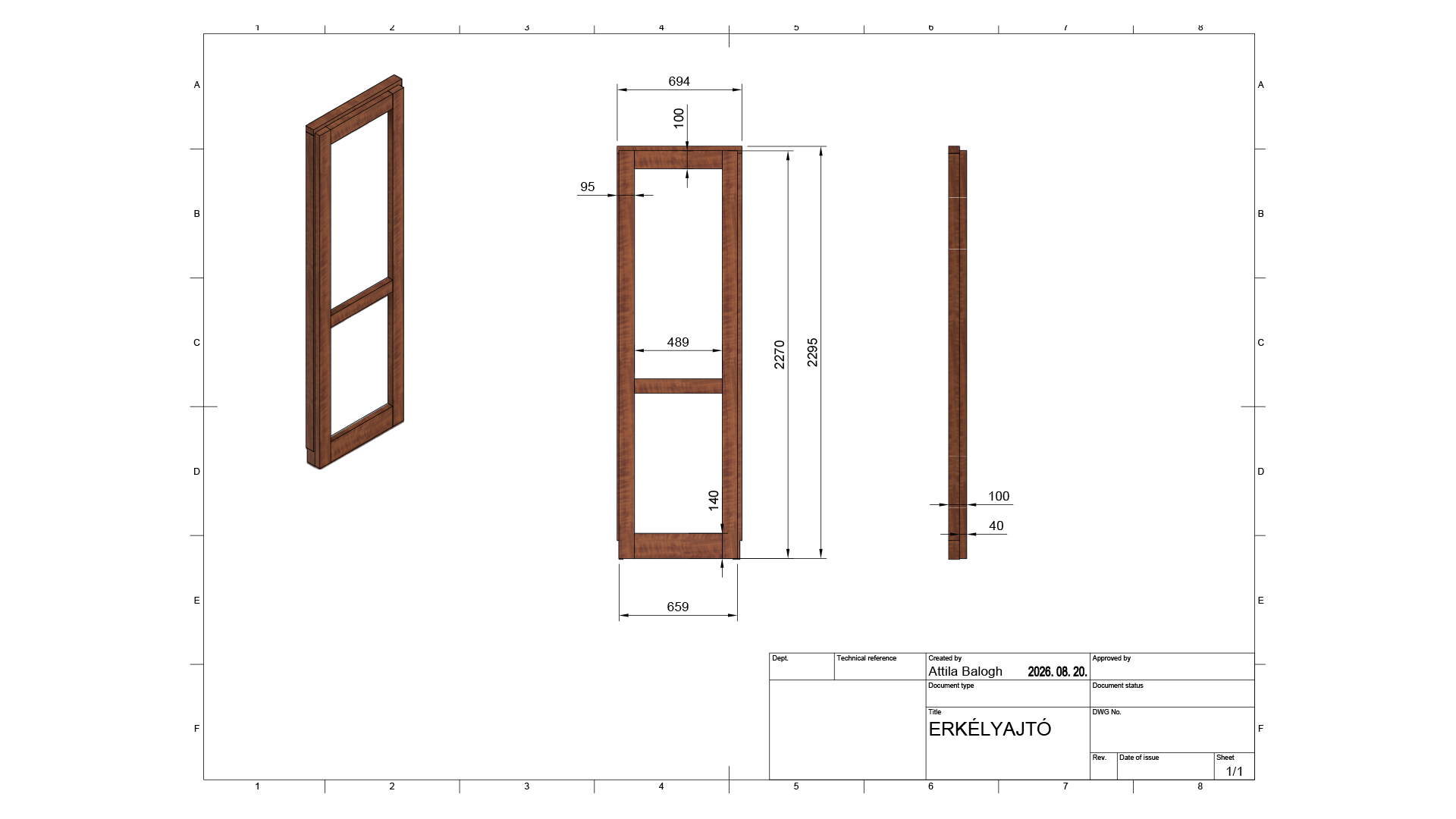 Tömörfa erkélyajtó keret – 3D műszaki terv